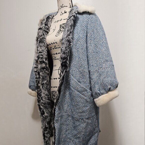 New Real Merino Sheepskin Lamb Fur Lined Wool Blend Tweed Overcoat Jacket Mink M - Picture 3 of 5